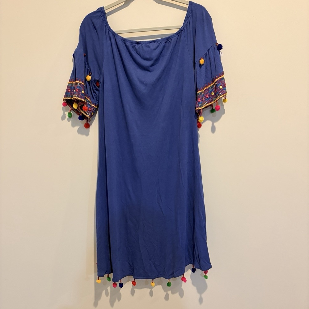 Melange Colour Swimsuit Cover Up Size Medium Blue Embroidery And Pom Pom Detail